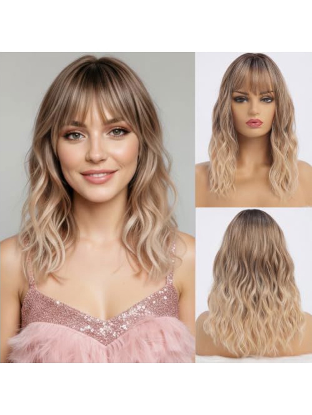 Stylish Ombre Blonde Wavy Wig with Bangs - Women Hair
